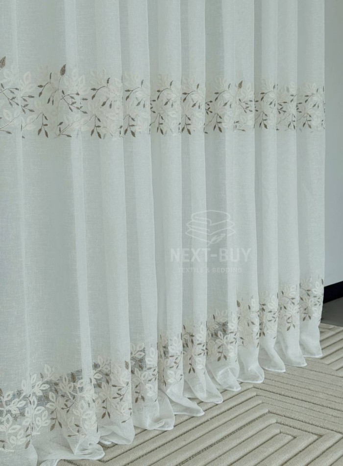 Тюль білий льон з вишивкою Linen Elegance Natural White & Beige Туреччина - Зображення 3