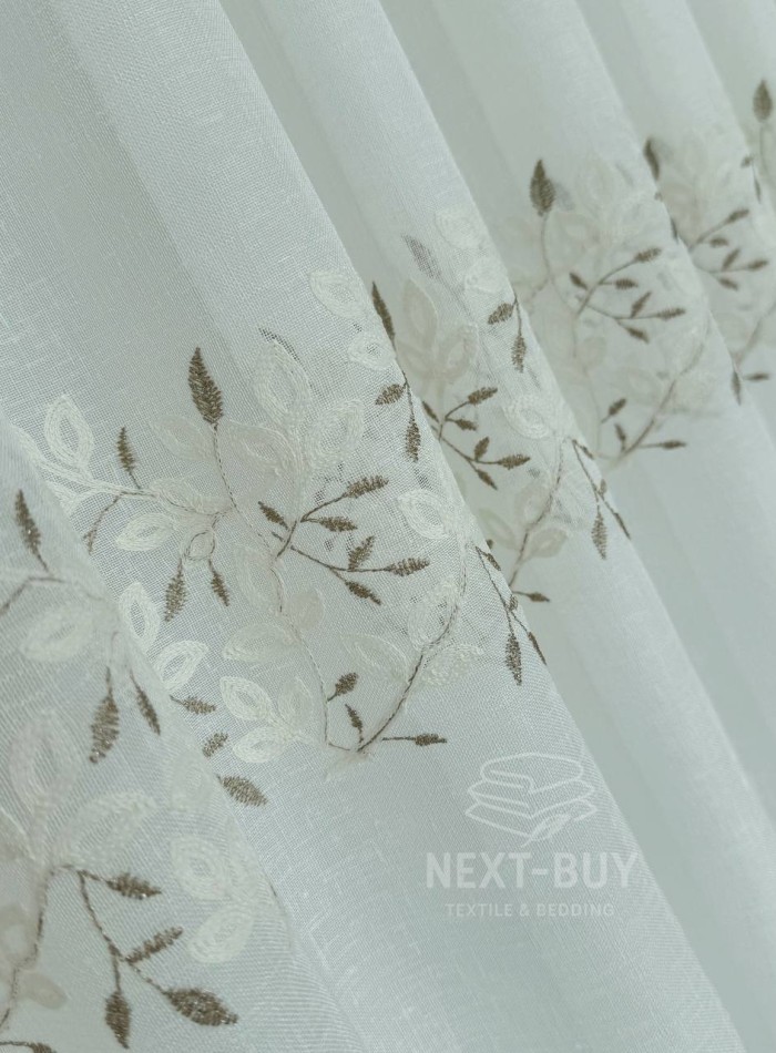 Тюль білий льон з вишивкою Linen Elegance Natural White & Beige Туреччина - Зображення 5