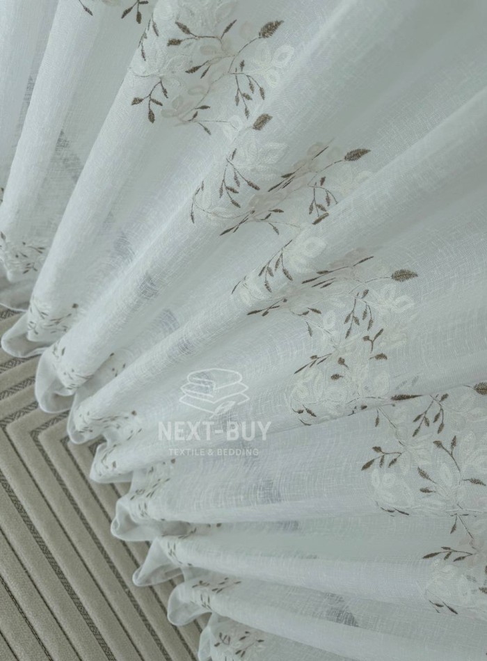 Тюль білий льон з вишивкою Linen Elegance Natural White & Beige Туреччина - Зображення 7