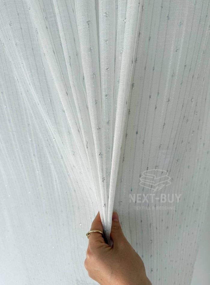 Тюль льон у смужку з сріблястим люрексом Linen Shine Stripe Snow White & Silver Туречинна - Зображення 3