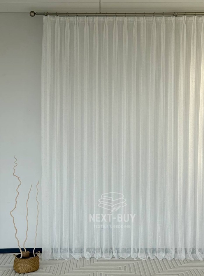 Тюль льон у смужку з сріблястим люрексом Linen Shine Stripe Snow White & Silver Туречинна - Зображення 2