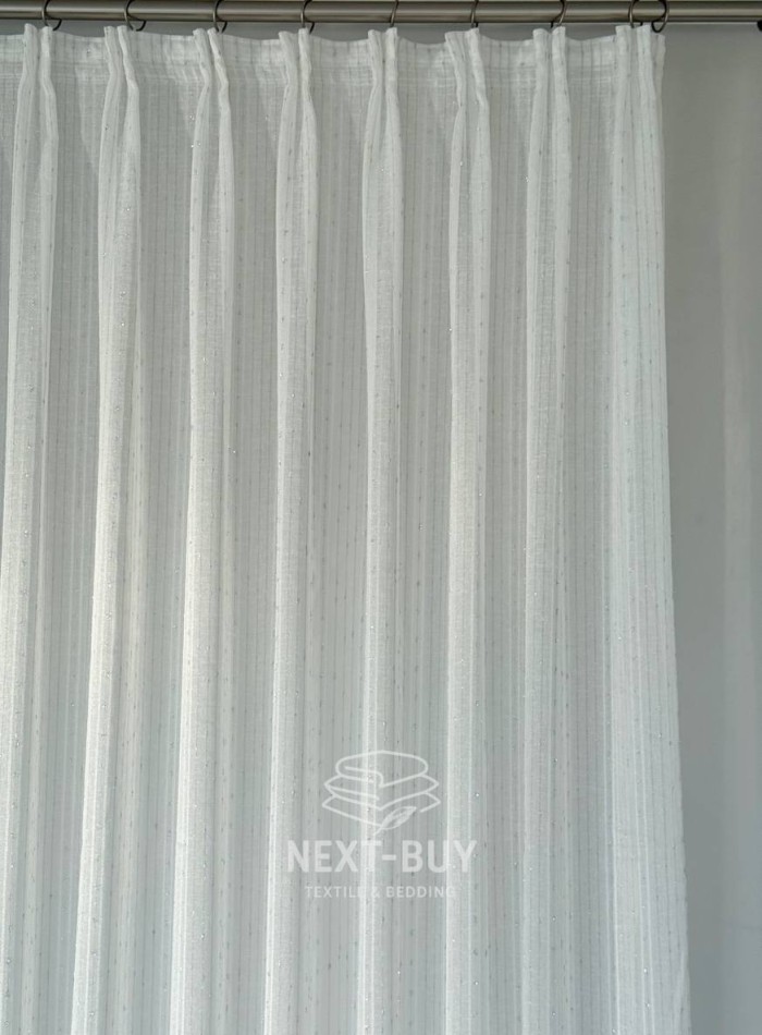 Тюль льон у смужку з сріблястим люрексом Linen Shine Stripe Snow White & Silver Туречинна - Зображення 8