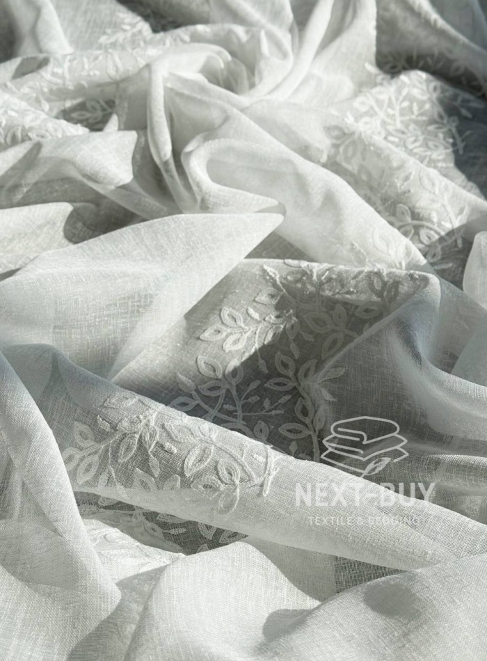 Тюль льон білий з рельєфною, флористичною вишивкою  Linen Elegance Natural White Туречинна - Зображення 8