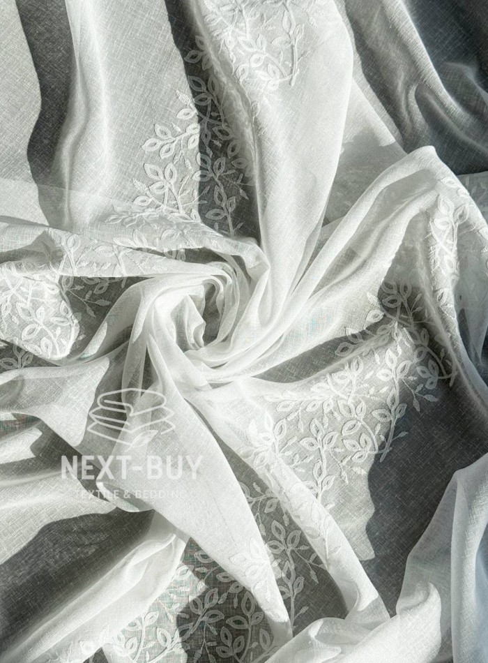 Тюль льон білий з рельєфною, флористичною вишивкою  Linen Elegance Natural White Туречинна - Зображення 7