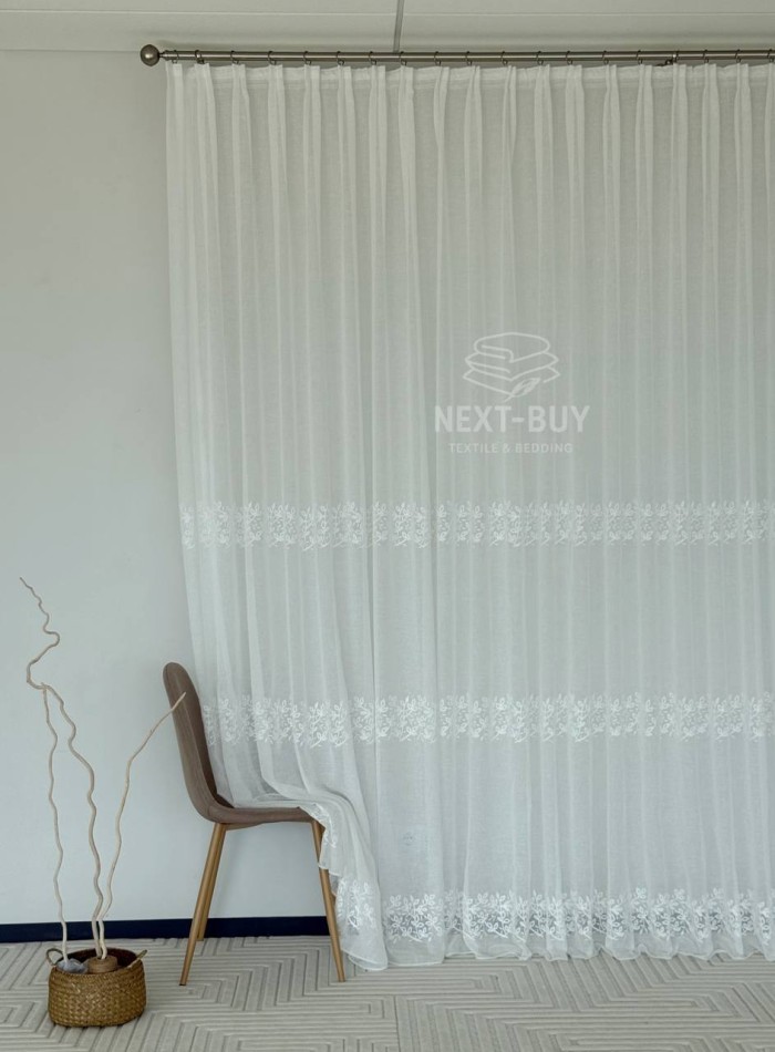 Тюль льон білий з рельєфною, флористичною вишивкою  Linen Elegance Natural White Туречинна - Зображення 4