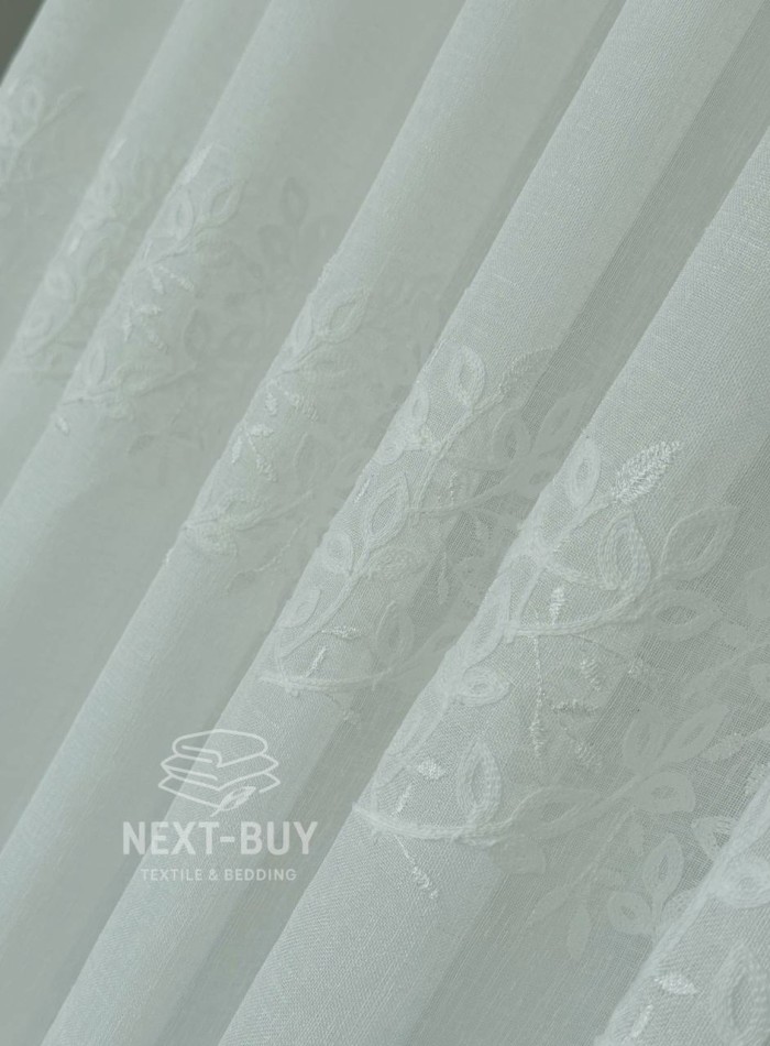 Тюль льон білий з рельєфною, флористичною вишивкою  Linen Elegance Natural White Туречинна - Зображення 5