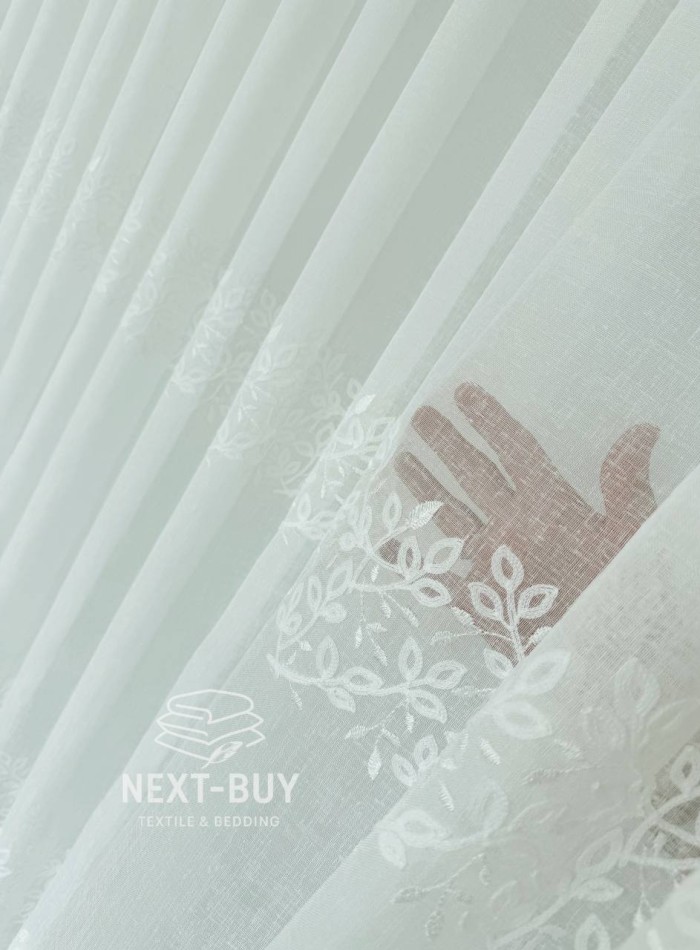 Тюль льон білий з рельєфною, флористичною вишивкою  Linen Elegance Natural White Туречинна - Зображення 6