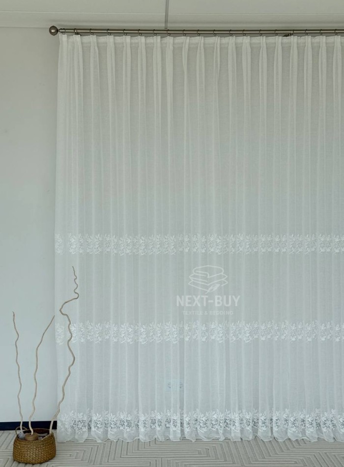 Тюль льон білий з рельєфною, флористичною вишивкою  Linen Elegance Natural White Туречинна - Зображення 3