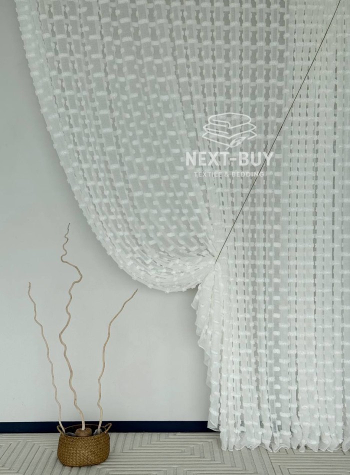 Тюль лён белоснежная с 3D мягкими помпонами Linen White Boho Chic, Турция — изображение 5