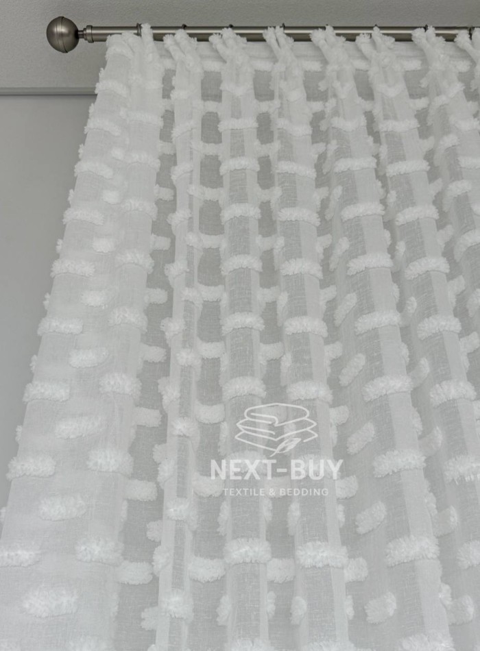 Тюль лён белоснежная с 3D мягкими помпонами Linen White Boho Chic, Турция — изображение 7