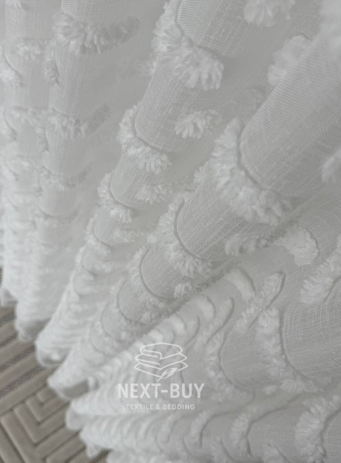 Тюль лён белоснежная с 3D мягкими помпонами Linen White Boho Chic, Турция — изображение 8