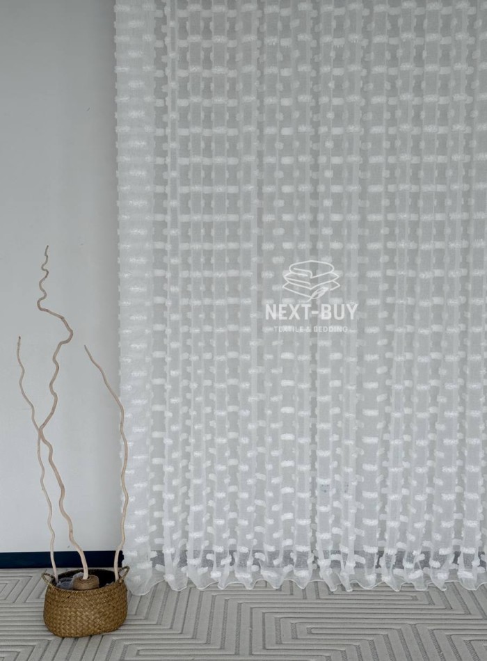 Тюль лён белоснежная с 3D мягкими помпонами Linen White Boho Chic, Турция — изображение 10
