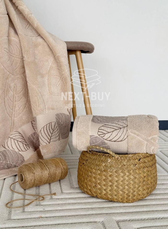 Рушники Leaf Harmony biege Туреччина набір баня + лице 100% бавовна, беж з візерунком листя - Зображення 4