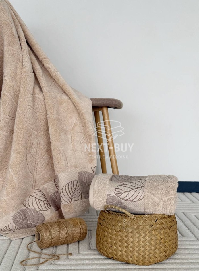 Рушники Leaf Harmony biege Туреччина набір баня + лице 100% бавовна, беж з візерунком листя - Зображення 5