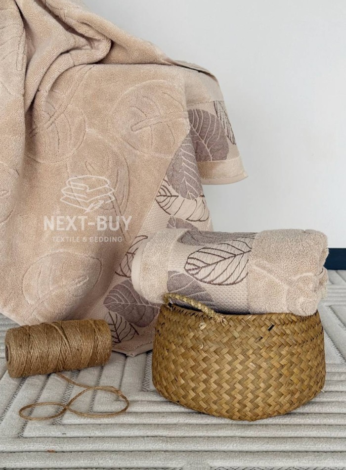 Рушники Leaf Harmony biege Туреччина набір баня + лице 100% бавовна, беж з візерунком листя - Зображення 2