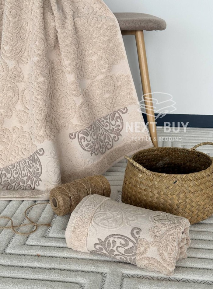 Полотенца Royal Ornament bej – Турция, 100% хлопок, беж с объёмным узором 2шт — изображение 5