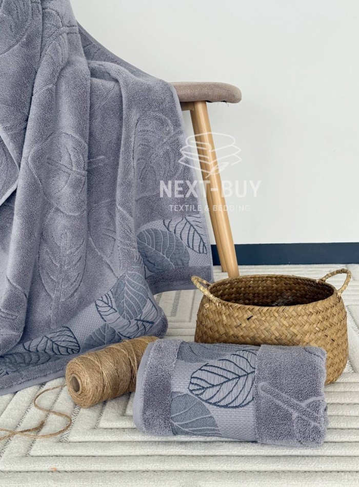 Рушники Leaf Harmony Gri  Туреччина набір баня + лице 100% бавовна шоколадний з візерунком листя - Зображення 2