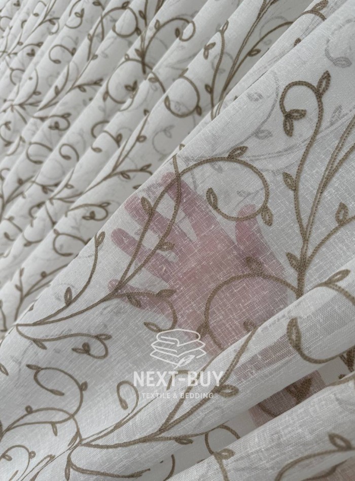 Тюль лён натуральная белая с аппликацией Brown Natural Leaf Embroidery Турция — изображение 3