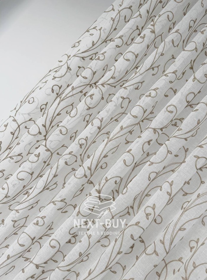 Тюль лён натуральная белая с аппликацией Brown Natural Leaf Embroidery Турция — изображение 4