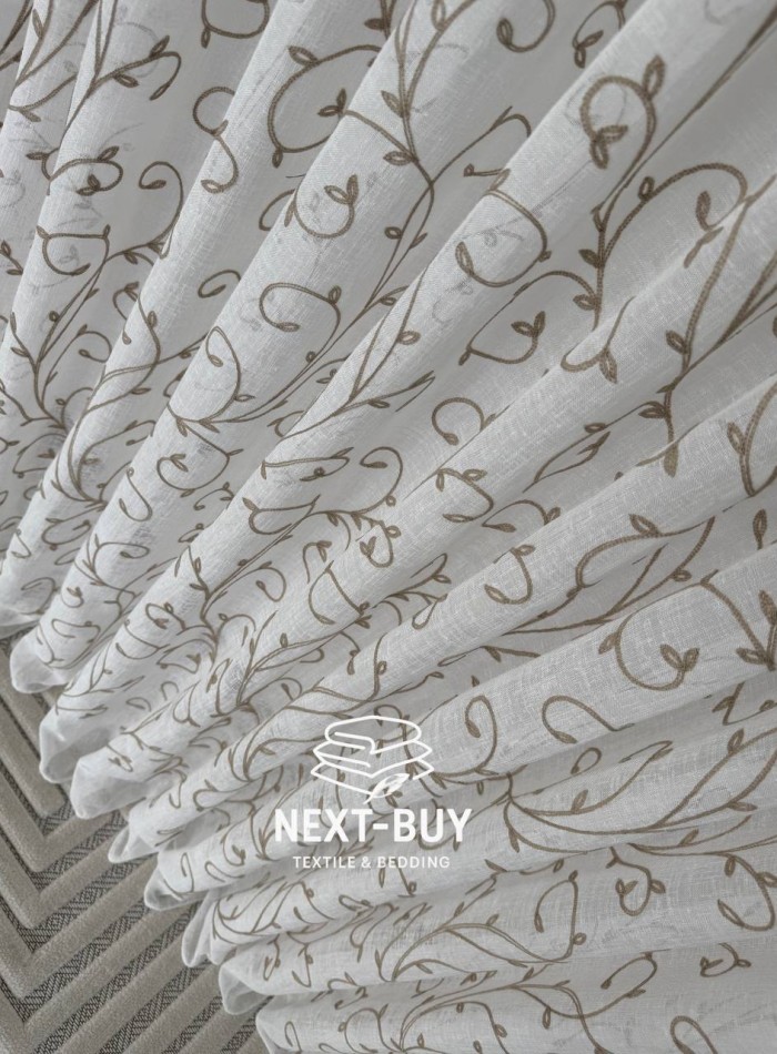 Тюль лён натуральная белая с аппликацией Brown Natural Leaf Embroidery Турция — изображение 5