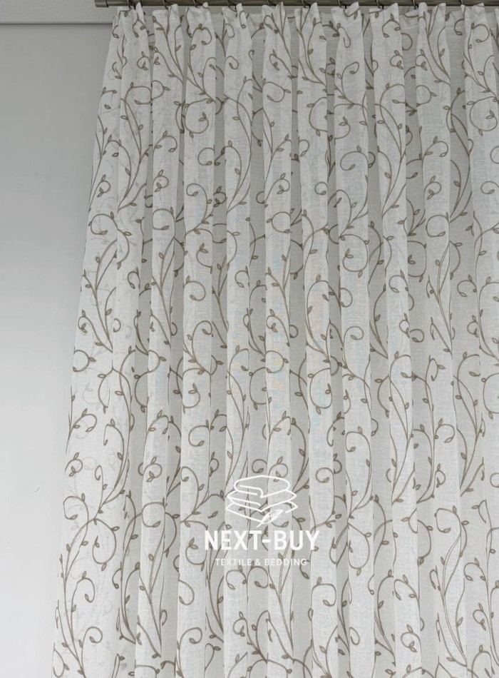 Тюль лён натуральная белая с аппликацией Brown Natural Leaf Embroidery Турция — изображение 6