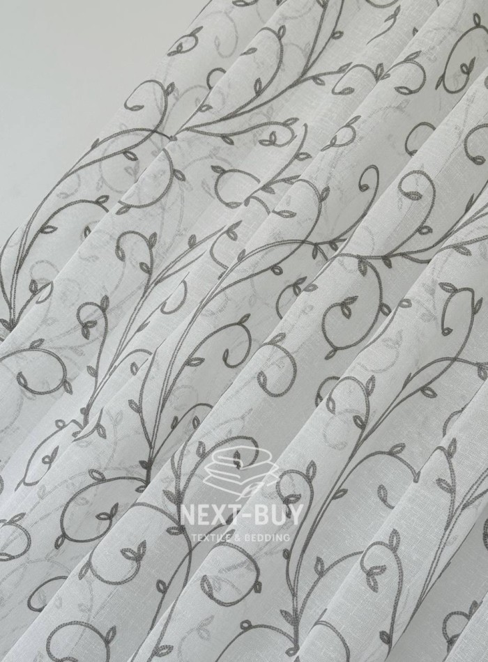 Тюль Gray Natural Leaf Embroidery – белый лён с серым узором (Турция) — изображение 5