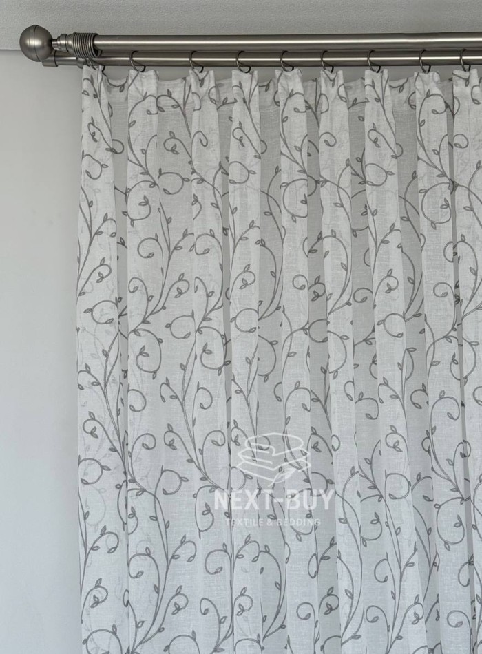 Тюль Gray Natural Leaf Embroidery – белый лён с серым узором (Турция) — изображение 7