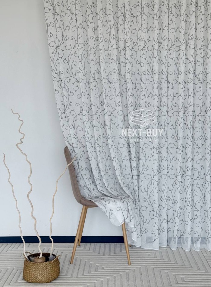 Тюль Gray Natural Leaf Embroidery – белый лён с серым узором (Турция) — изображение 2