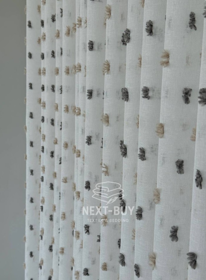 Тюль Linen Dots Harmony з 3D помпонами Anthracite & Beige – Туреччина - Зображення 4