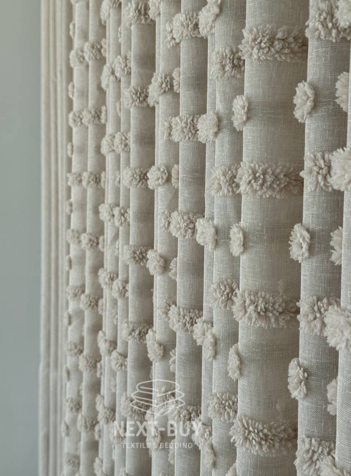 Тюль бежевий льон з 3D м’якими помпонами Linen Bej Boho Chic Туреччина - Зображення 3