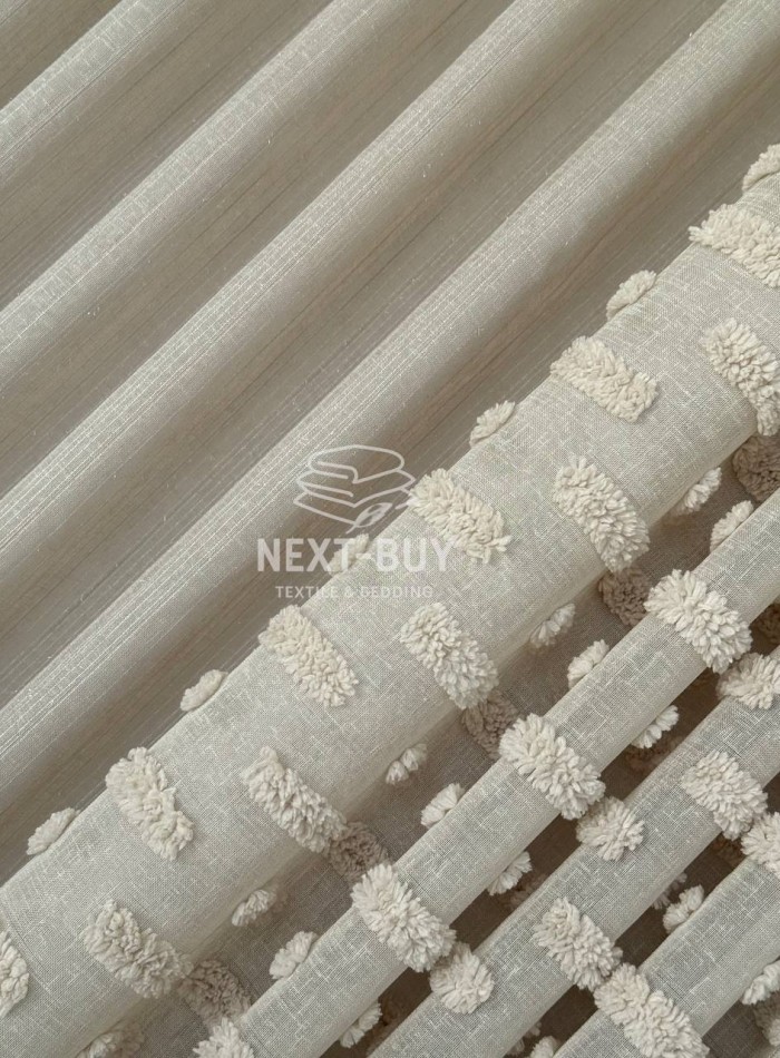 Тюль бежевий льон з 3D м’якими помпонами Linen Bej Boho Chic Туреччина - Зображення 4