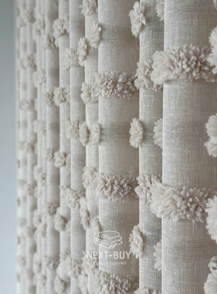 Тюль бежевий льон з 3D м’якими помпонами Linen Bej Boho Chic Туреччина - Зображення 6