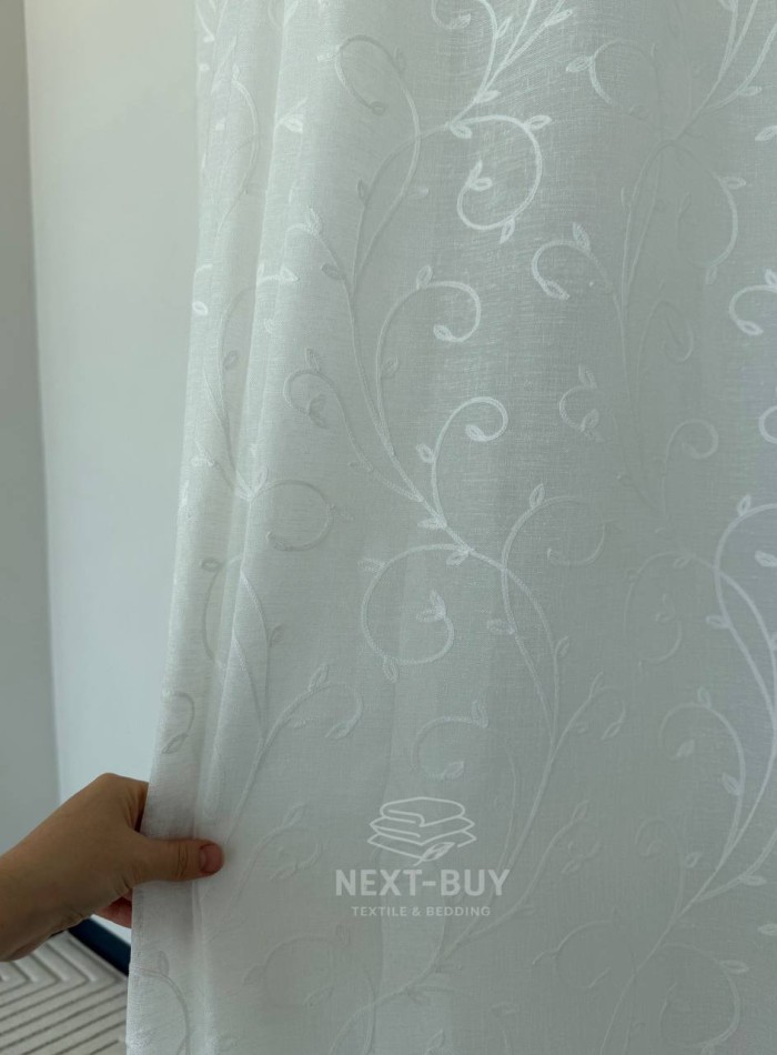 Тюль білий льон з білим візерунком White Natural Leaf Embroidery Туреччина - Зображення 3