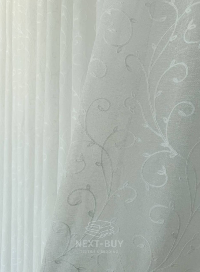 Тюль білий льон з білим візерунком White Natural Leaf Embroidery Туреччина - Зображення 5