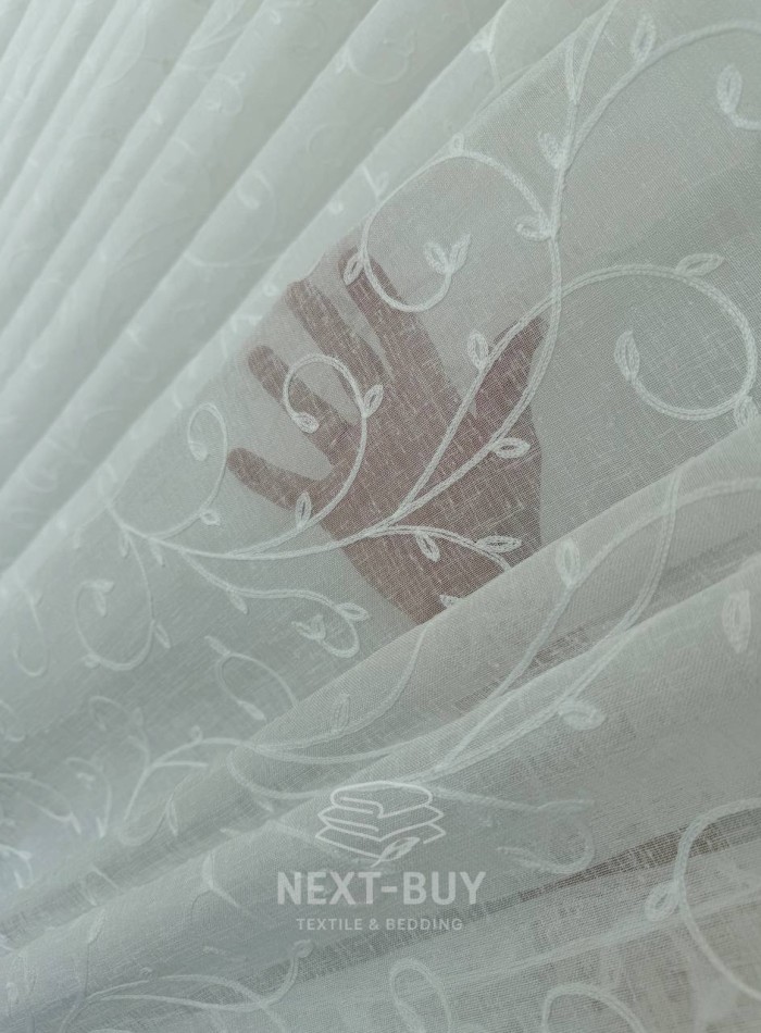 Тюль білий льон з білим візерунком White Natural Leaf Embroidery Туреччина - Зображення 6