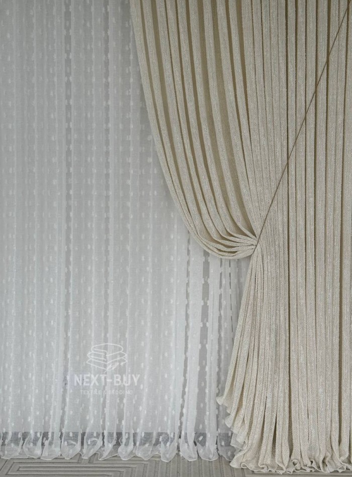 Тюль белый лён с 3D помпонами Linen Pom Veil Турция — изображение 9