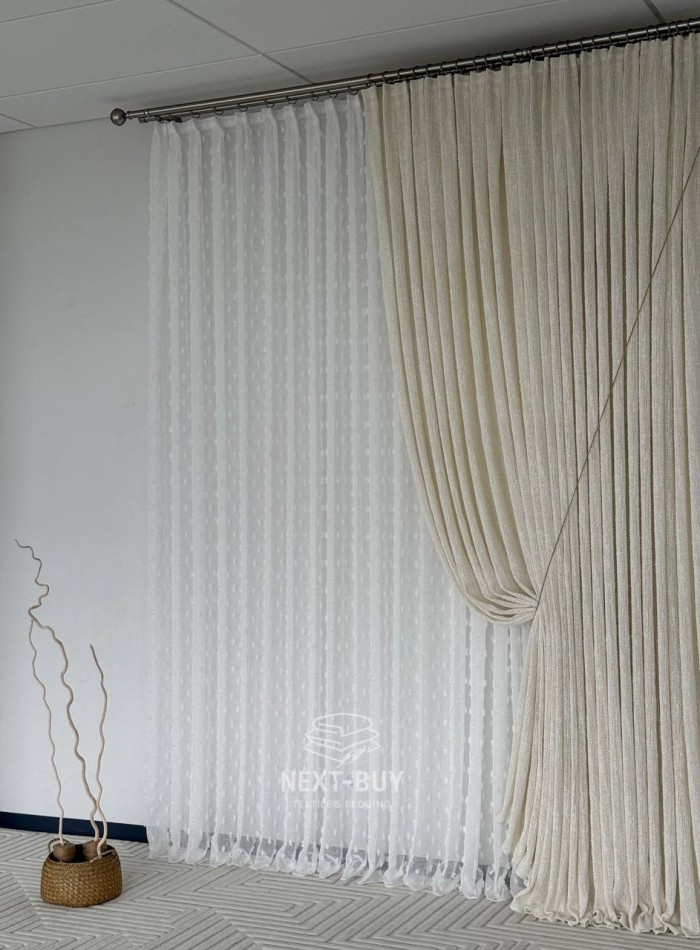 Тюль белый лён с 3D помпонами Linen Pom Veil Турция — изображение 7