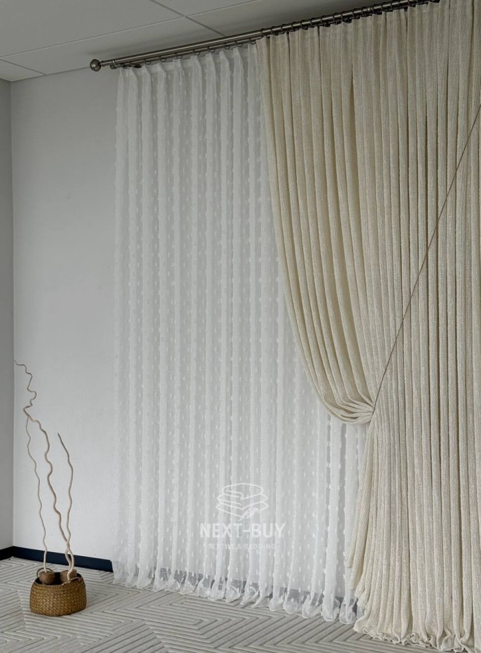 Тюль белый лён с 3D помпонами Linen Pom Veil Турция — изображение 3