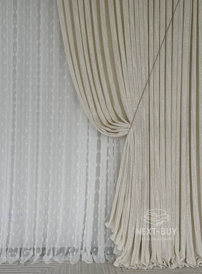 Тюль белый лён с 3D помпонами Linen Pom Veil Турция — изображение 4