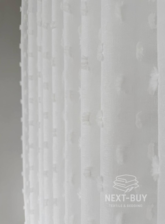 Тюль белый лён с 3D помпонами Linen Pom Veil Турция — изображение 5