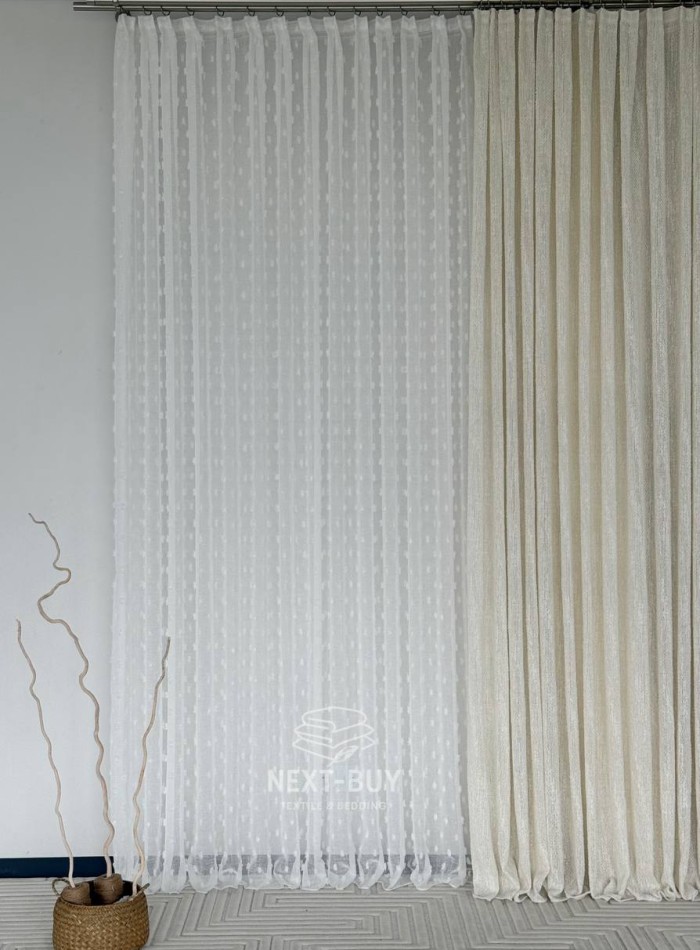 Тюль белый лён с 3D помпонами Linen Pom Veil Турция — изображение 2
