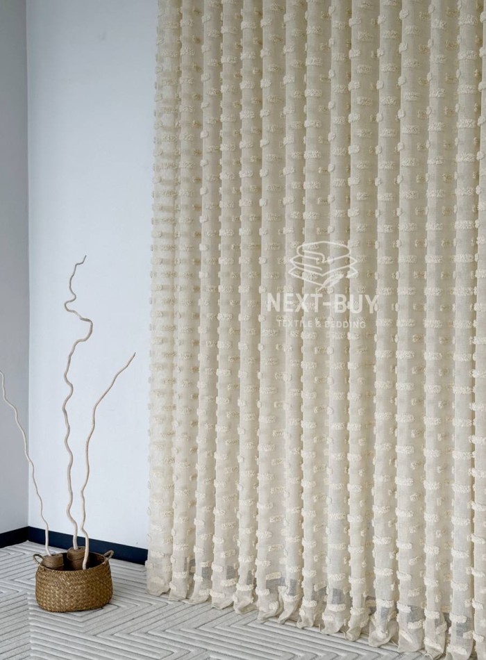 Тюль бежевий льон з 3D-ефектом м’якими помпонами Linen Dot Harmony Туреччина - Зображення 2