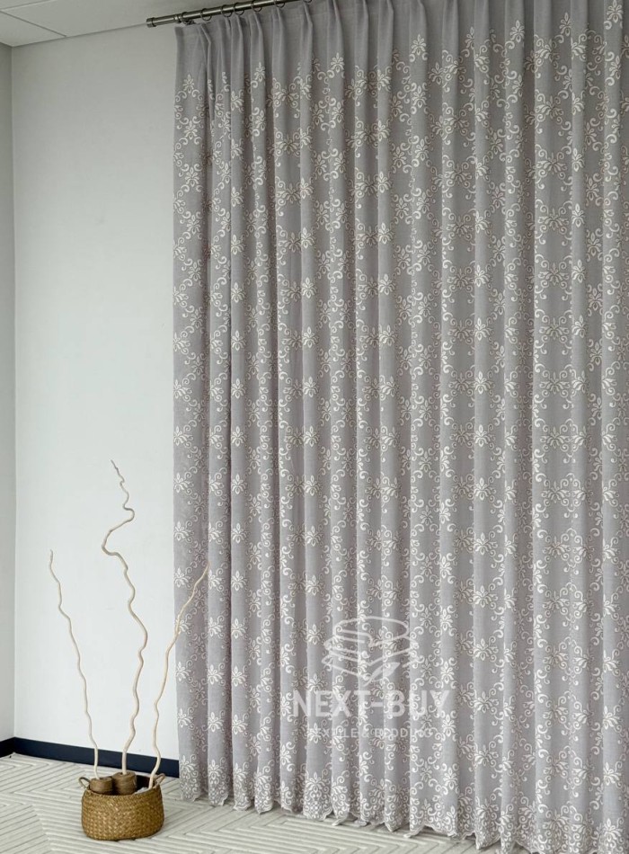 Тюль серый лён с аппликацией Linen Grace Embroidery Grey-Beige Италия — изображение 2