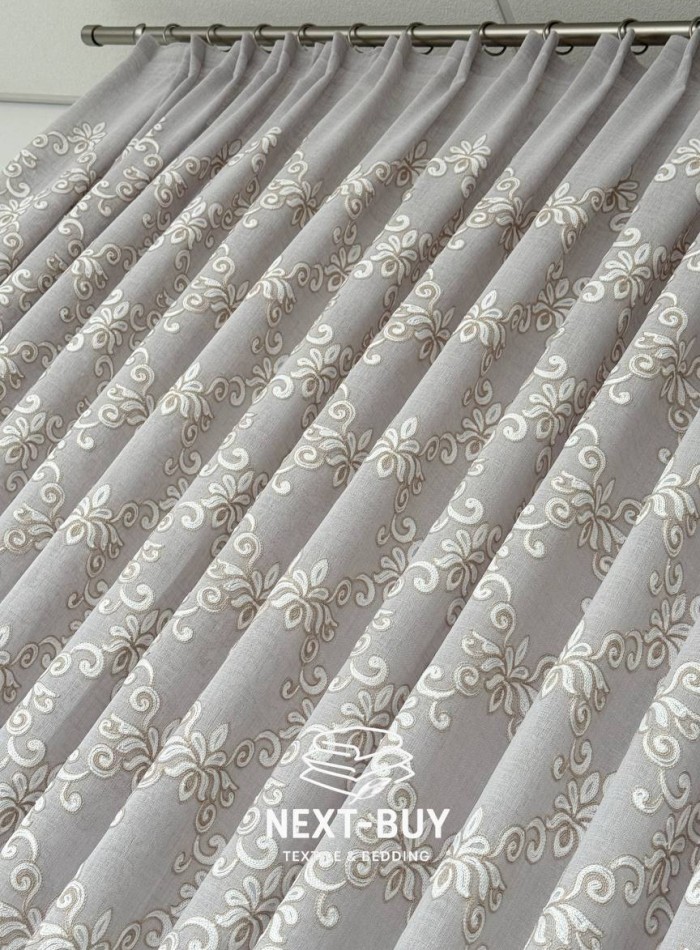 Тюль серый лён с аппликацией Linen Grace Embroidery Grey-Beige Италия — изображение 4