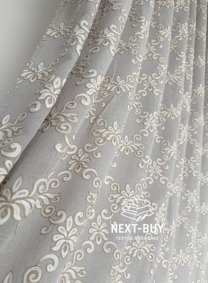 Тюль серый лён с аппликацией Linen Grace Embroidery Grey-Beige Италия — изображение 6