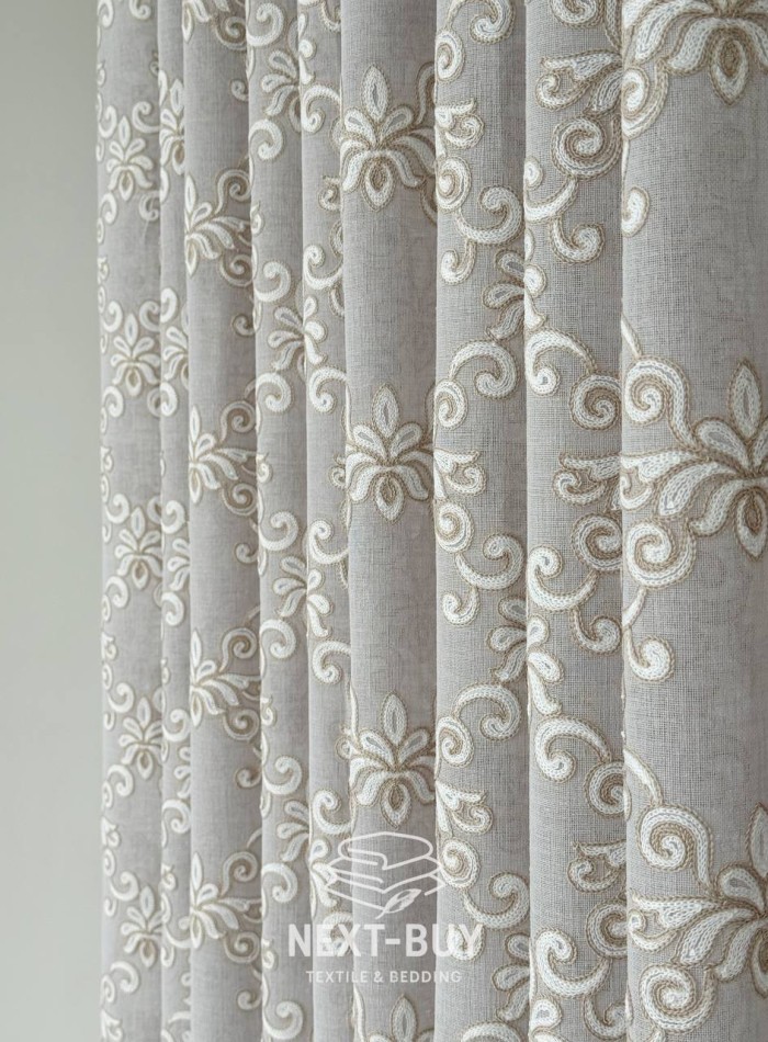 Тюль серый лён с аппликацией Linen Grace Embroidery Grey-Beige Италия — изображение 7