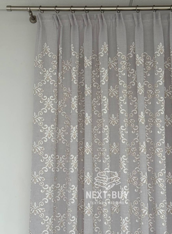 Тюль серый лён с аппликацией Linen Grace Embroidery Grey-Beige Италия — изображение 8