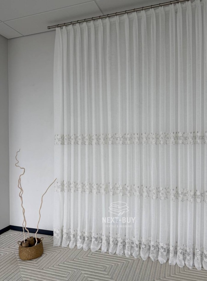 Тюль льон білий з рельєфною флористичною вишивкою Linen Elegance Natural White & Gray Туреччина - Зображення 4