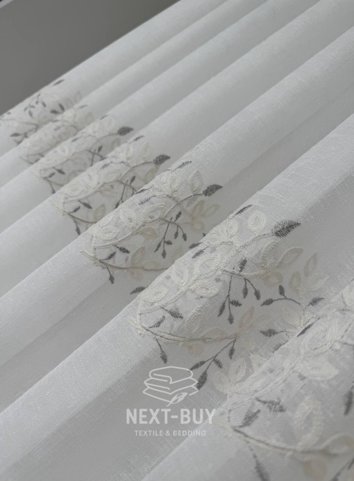 Тюль льон білий з рельєфною флористичною вишивкою Linen Elegance Natural White & Gray Туреччина - Зображення 5