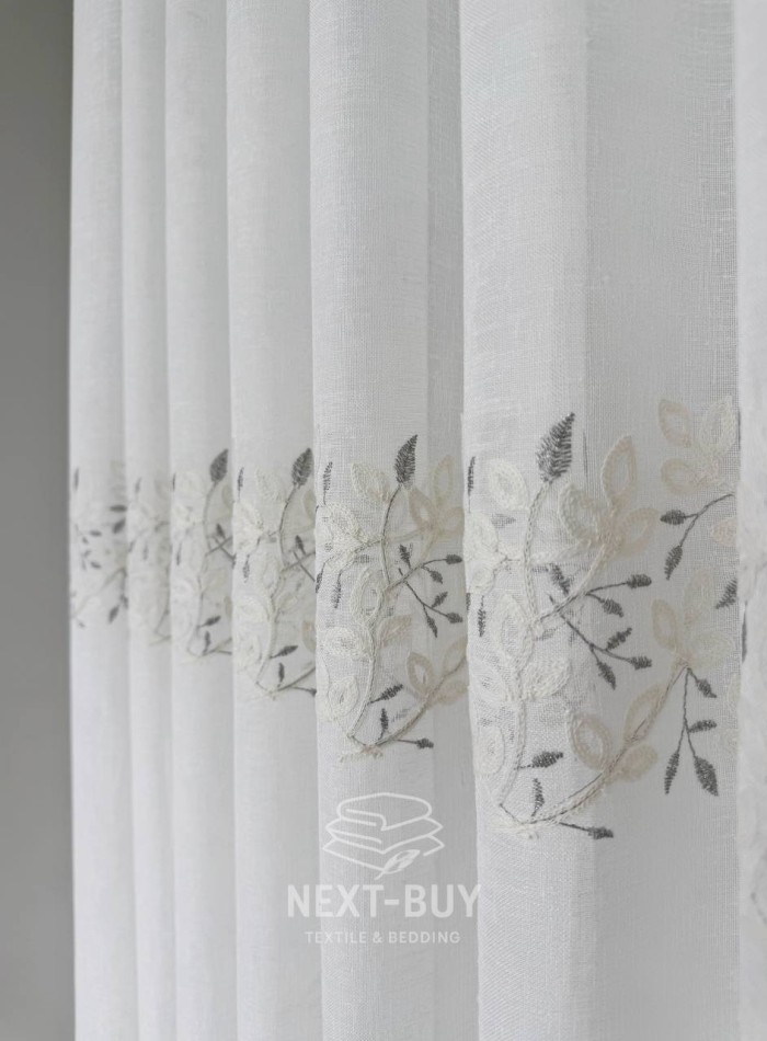 Тюль льон білий з рельєфною флористичною вишивкою Linen Elegance Natural White & Gray Туреччина - Зображення 6